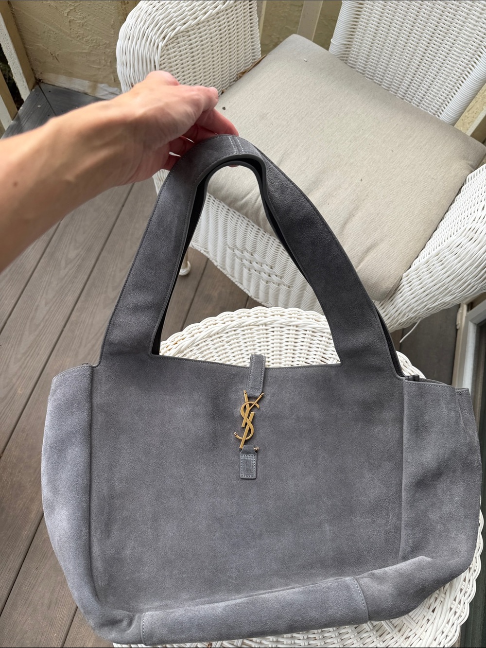 Gray Suede Shoulder Tote with Gold Monogram